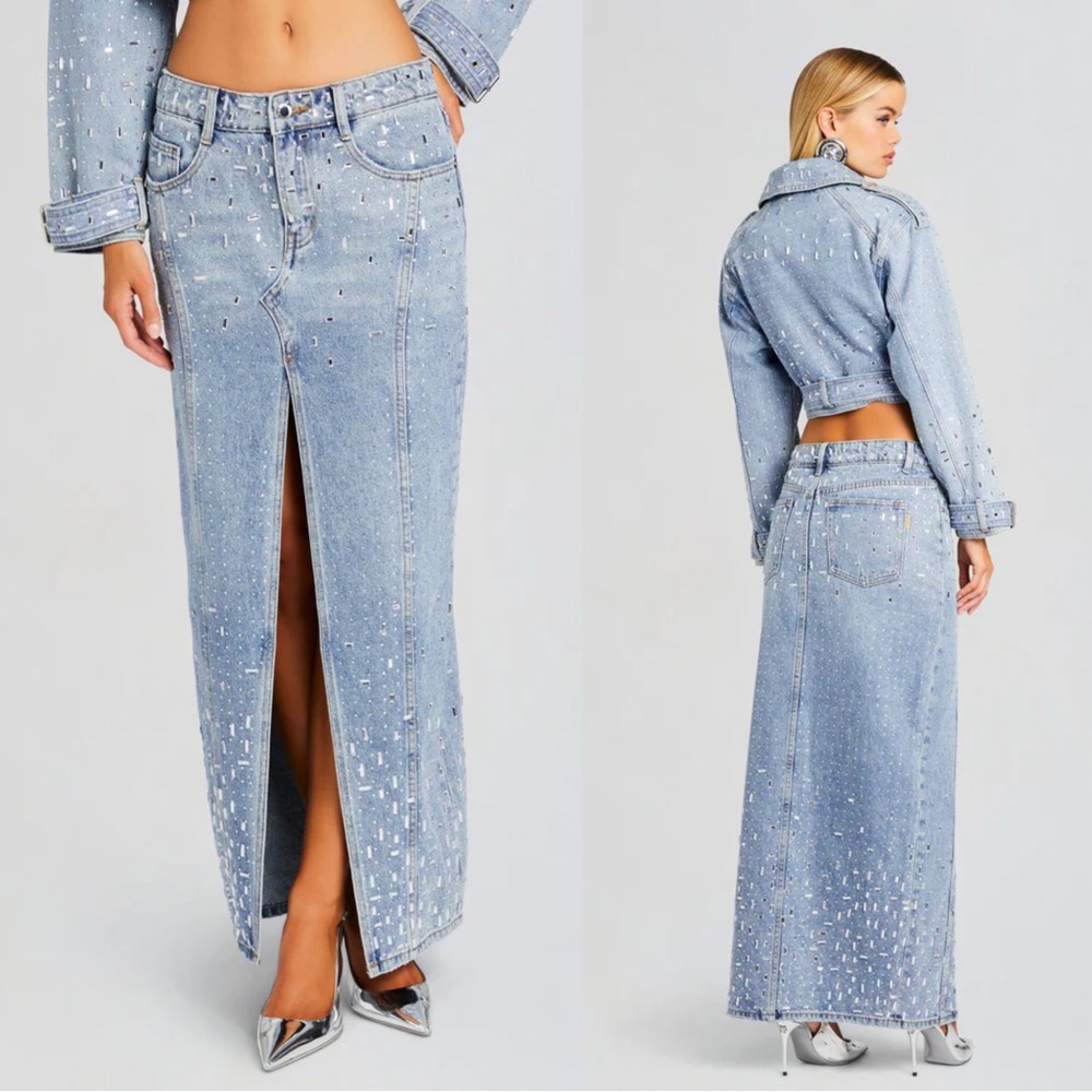 NWT Retrofete Palermo Denim Embellished Crystal Midi Skirt $698